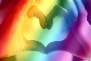 chakra balancing image with rainbow colors and heart gesture