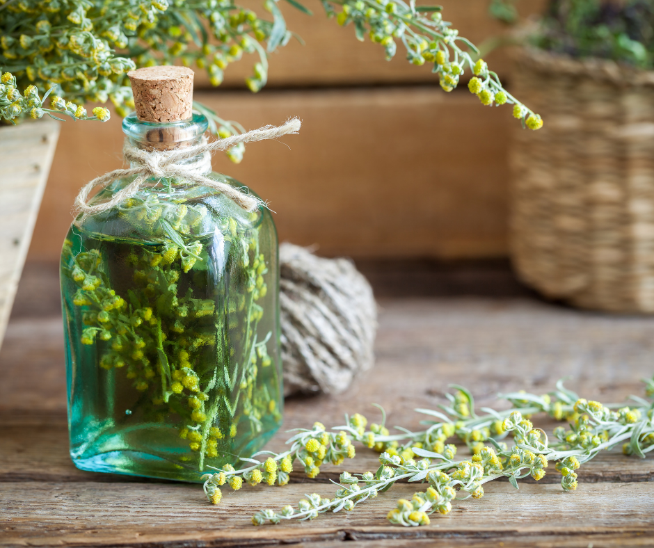 herbal oil in clear glass bottle
